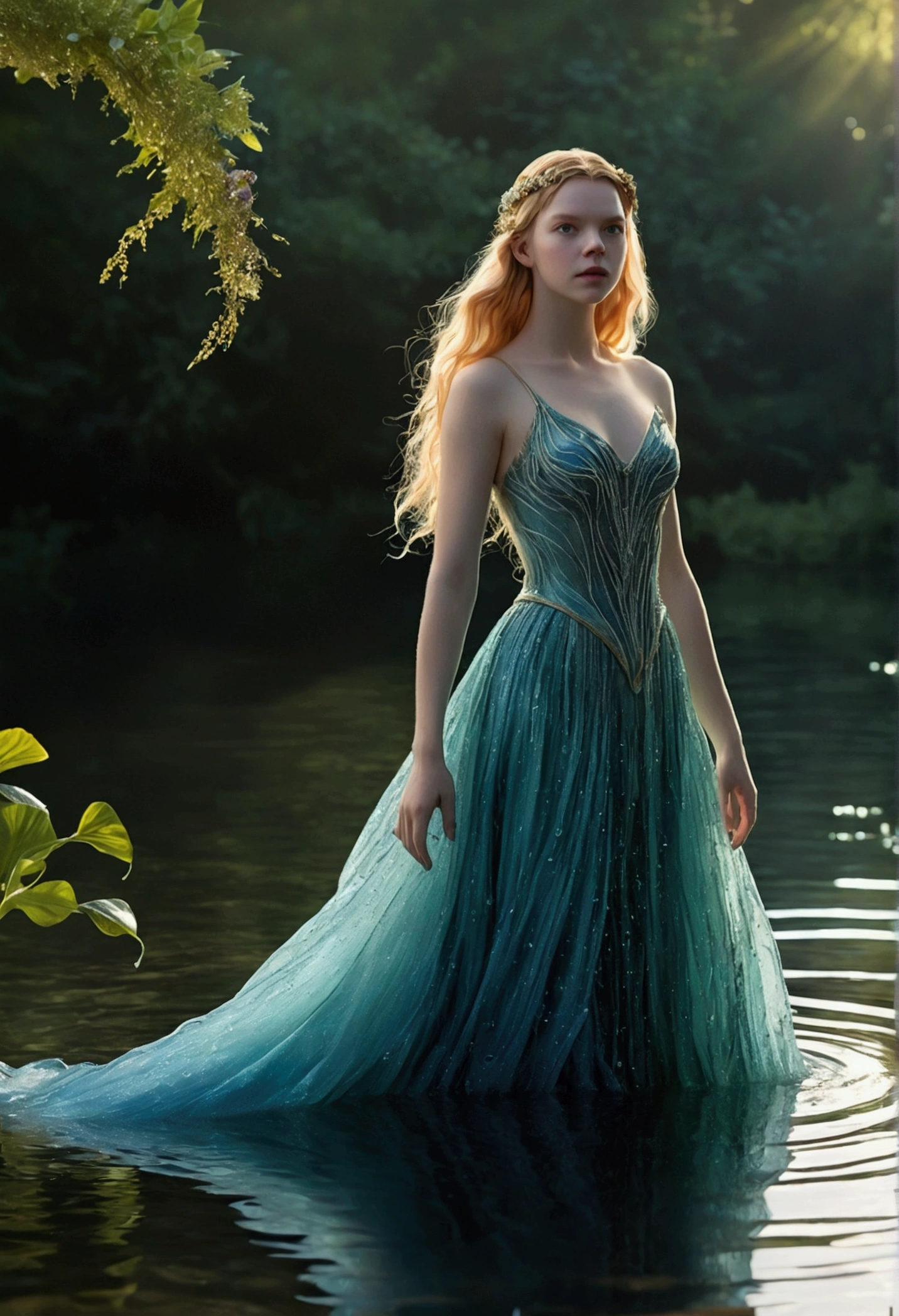 Anya Taylor-Joy is portrayed as a Water Witch in an enchanted lake, where beauty and magic intertwine in a stunning setting. Wearing a costume that shimmers like the water, her gown is a masterpiece that reflects the nuances of the lake, with shades of blue and green that capture the soft, ethereal light of the setting. The lake is composed of crystal clear waters that shimmer in the light, creating a mesmerizing effect. Small magical aquatic creatures swim around her, adding life and movement to the scene. Aquatic plants, with their delicate leaves and colorful flowers, emerge from the surface, adding to the magical and serene atmosphere. Anya, in a graceful pose, seems to be at one with the water, her eyes shining with a mix of wisdom and mystery. The costume, adorned with details that mimic water droplets and waves, flows around her, as if in perfect harmony with the aquatic environment. Her hair, loose and wavy, shines with reflections reminiscent of sunlight reflecting off the surface of the water. The soft, ethereal lighting of the lake creates an ambiance of tranquility, while shadows dance softly on the shores. The combination of natural elements and Anya’s magical presence as the Water Sorceress make this scene not only visually stunning, but also filled with a rich narrative of power and connection to nature.