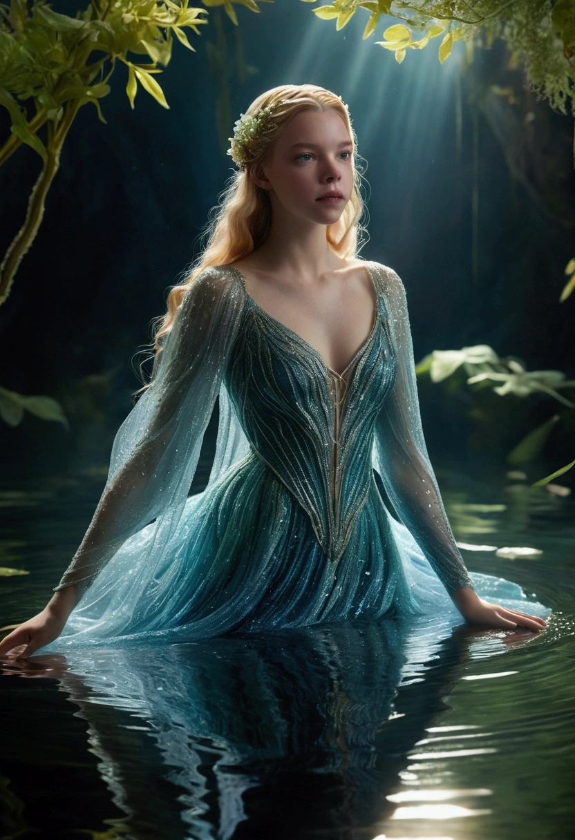 Anya Taylor-Joy is portrayed as a Water Witch in an enchanted lake, where beauty and magic intertwine in a stunning setting. Wearing a costume that shimmers like the water, her gown is a masterpiece that reflects the nuances of the lake, with shades of blue and green that capture the soft, ethereal light of the setting. The lake is composed of crystal clear waters that shimmer in the light, creating a mesmerizing effect. Small magical aquatic creatures swim around her, adding life and movement to the scene. Aquatic plants, with their delicate leaves and colorful flowers, emerge from the surface, adding to the magical and serene atmosphere. Anya, in a graceful pose, seems to be at one with the water, her eyes shining with a mix of wisdom and mystery. The costume, adorned with details that mimic water droplets and waves, flows around her, as if in perfect harmony with the aquatic environment. Her hair, loose and wavy, shines with reflections reminiscent of sunlight reflecting off the surface of the water. The soft, ethereal lighting of the lake creates an ambiance of tranquility, while shadows dance softly on the shores. The combination of natural elements and Anya’s magical presence as the Water Sorceress make this scene not only visually stunning, but also filled with a rich narrative of power and connection to nature.