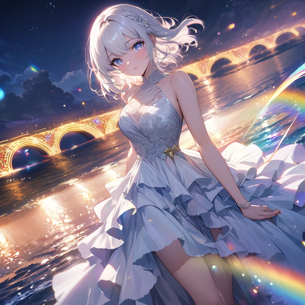 ``A beautiful woman with long white hair and beautiful eyes wearing an elegant and detailed hawaiian dress.The dress must have intricate designs and patterns to give it a luxurious and luxurious feel.In the background , the image should depict a romantic Hawaiian beach at night with light reflecting off the water and an illuminated bridge across the scene, emphasizing the sparkling effects and rainbows throughout the image. Enhance your look and add special ruffles to your dress to make it stand out.”