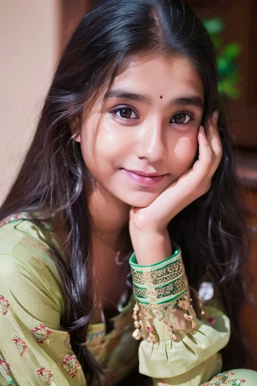Beautiful ,23 years young Indian girl healthy, confidential looking,8k,realistic, raw photo,dark brown hair,fair skin, indian,long hair,clear facial features,, very detailed, 23years old, innocent face, natural wavy hair, high resolution, masterpiece, best quality, intricate details, highly detailed, sharp focus, detailed skin, realistic skin texture, texture, detailed eyes, professional, 4k, charming smile, shot on Canon, 85mm, shallow depth of field, kodak vision color, perfect fit body, extremely detailed, foto_\(ultra\), photorealistic, realistic, post-processing, maximum detail, roughness, real life, ultra realistic, photorealism, photography, 8k uhd, photography wearing Green printed salwar suit, namaste pose|Graceful smile|Starry sky, sitting on stairs