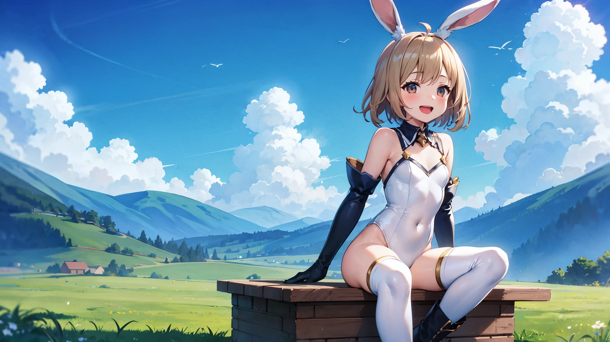 GRANBLUEfantasy,ung_teeirl,brown_hair,medium_bob_hair,platina_blond_hair,white_leotard,covered_crotch,thigh-highs,smile,standing,bluesky_landscape_background,slightly_spread_legs,happiness, short_gloves ,solo, r18, navel,relicbuster,short,boots,open_mouth,sitting,knees,blush,shy,bunny_ears