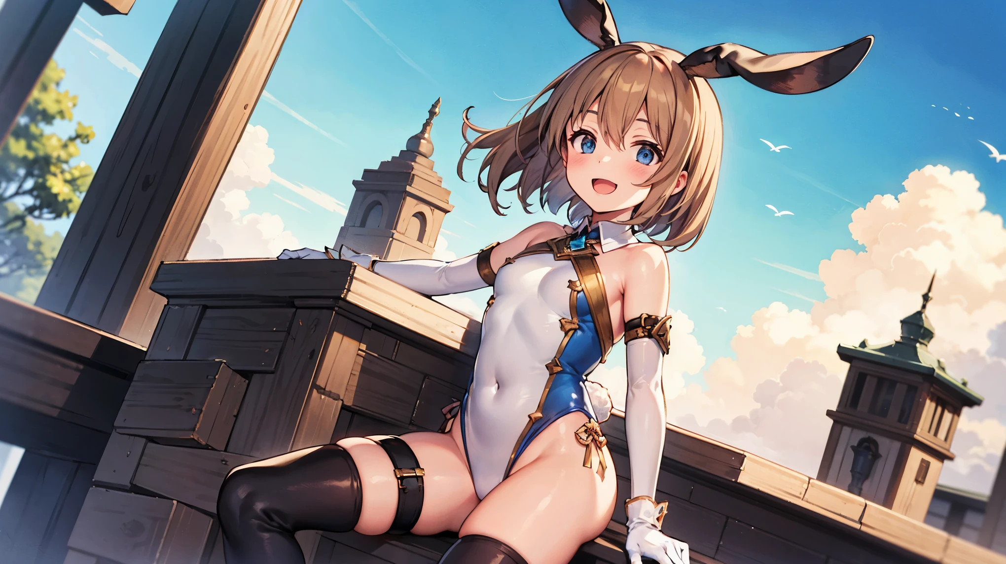 GRANBLUEfantasy,1young_teen_ girl,brown_hair,medium_bob_hair,platina_blond_hair,white_leotard,covered_crotch,thigh-highs,smile,standing,bluesky_landscape_background,slightly_spread_legs,happiness, short_gloves ,solo, r18, navel,relicbuster,short,boots,open_mouth,sitting,knees,blush,shy,bunny_ears