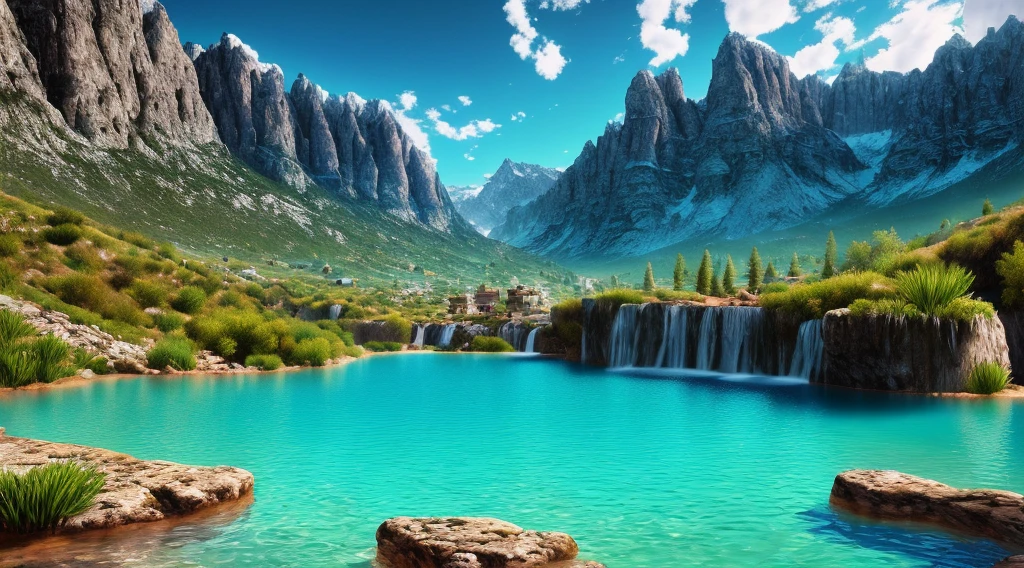 paisaje,water,moutain (Extremely detailed CG 8k unity wallpaper), most beautiful paisaje in the world,Very beauthful,intrikate, high détail, sharp focus, Dramatic