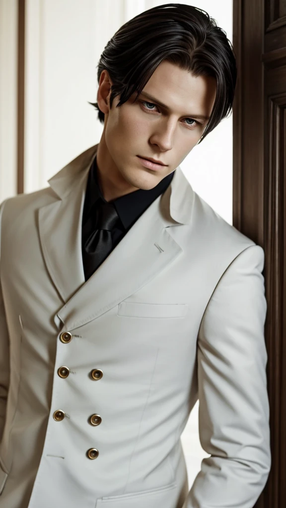 Create a character with a striking resemblance to Johan Liebert from "Monster." This character should possess a slender and tall build, exuding an aura of calm and composed elegance. He has sharp, symmetrical facial features with piercing, intelligent eyes that convey a sense of deep, hidden complexity. His hair is jet black, perfectly styled, and frames his face in a neat, classic manner. The character's expression is often serene, almost enigmatic, hiding his true intentions behind a facade of tranquility. He should wear well-fitted, sophisticated clothing that enhances his refined appearance. The overall look should capture the same chilling and charismatic presence that defines Johan Liebert, with an added touch of darkness from his black hair