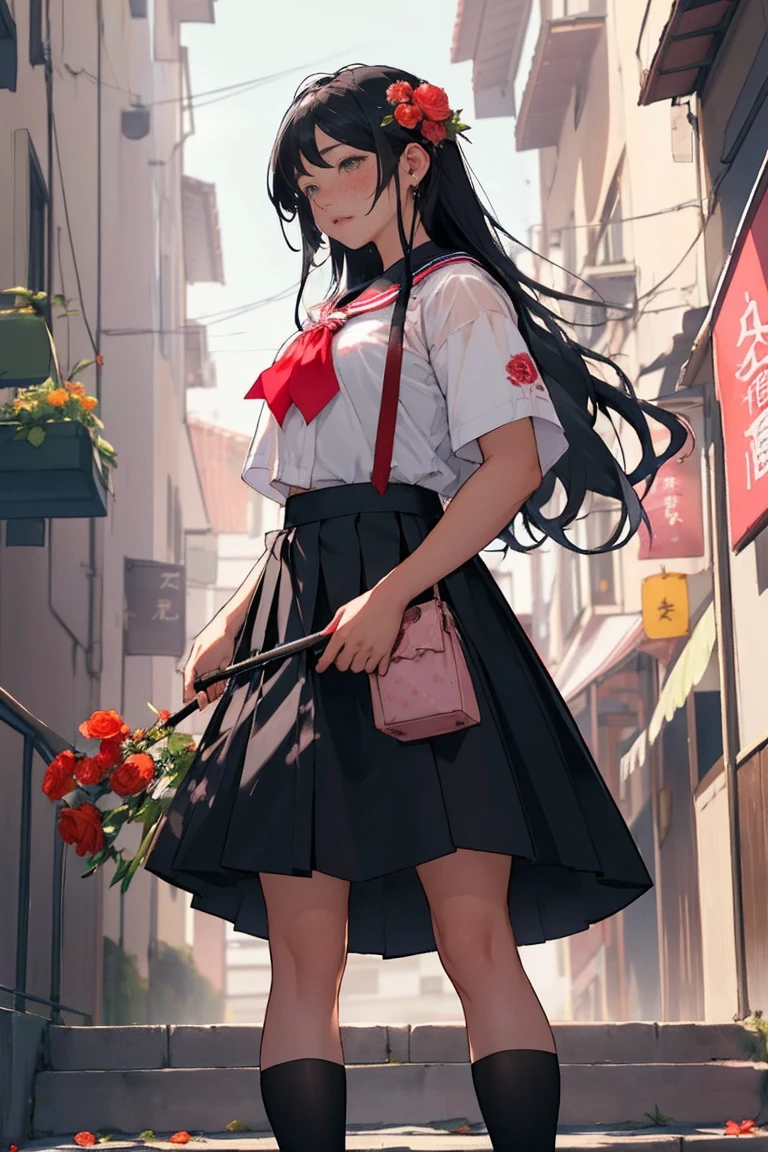 cowboy shot,Camellia, flower, red_flower, red_Rose, Rose, sword, arms, kinana, One girl, pink_Rose, pink_flower, Spider_Yuri, shoes, length_hair, School_uniform, Seraphim, sheinh, skirt, 一人in, Holding_sword, sheinhed, flower瓶, Looking_in_Audience, orange_flower, pleined_skirt, Rose_flowerびら, black_shirt, black_Legwear, black_skirt, Holding_sheinh, hibiscus, very_length_hair, Broke up_lips, loafers, Sailor_collar, black_hair, neckerchief,(Skirt lift:1.3), (open bag:1.3)、 (adnet weight:1.0)、(Skirt that rolls up:1.3)、(Fully exposed pussy:1.5)、