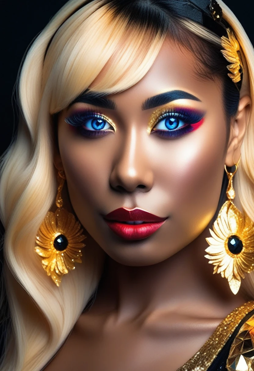 PORTRAIT, only face portrait, macro, a LATINO battle angel portrait NEXT TO An eagle , beautiful black skin with sparkles and glitter, long golden hair with red and blure flowers on hair, shiny and lightening eyes, cosmos eyes, next to a bird, highly detailed fur (vectorized) , detailed skin, anime style< image is compelling with dynamic composition and energetic posing. Include many fantasy details such as bumps, phantasmal iridescence, glitter, galaxy, cosmos, ((dark celestialskin body, void cosmic body)), (((dark background))), (((lights off))), (((hollywood dark))), horror, dramatic shadows, (in a dark fantasy space:1.3, glitter, sparkle, gleam) vector digital illustration, (black background:1.5)sharp