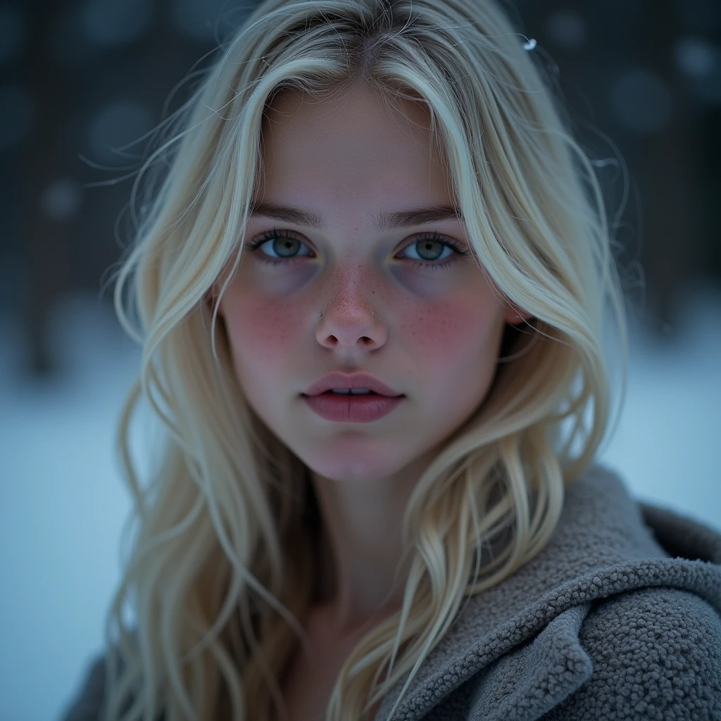 photograph of a cute girl, (21 years old), intense light blonde hairintense light blonde, pale skin, freckless, blush, (topless:1.1), innocent, ((night)), snowfall, nsfw, blurry background