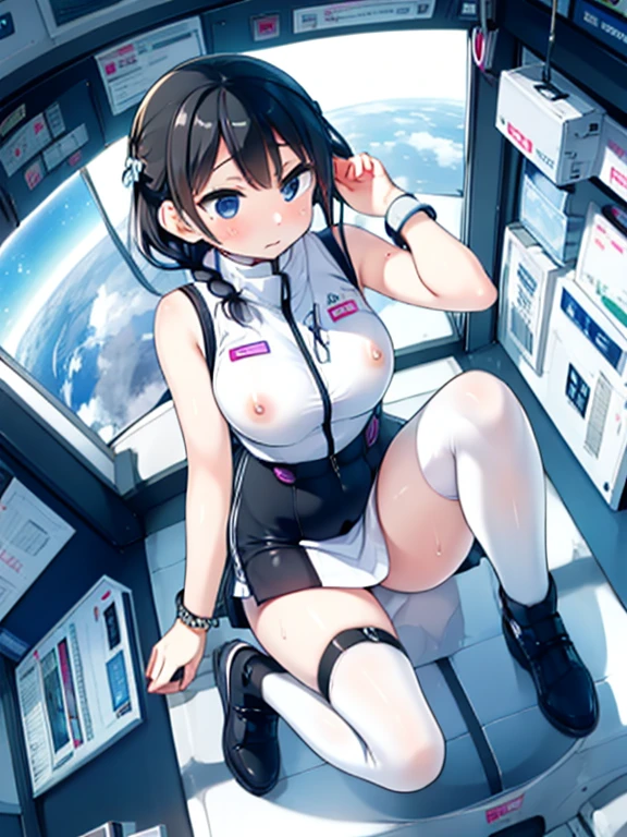 (Highest quality), (masterpiece), 1080P, High resolution, 4K, 8k, Inside the space station、Futuristic room、Thigh straps, Shooting from directly below, The woman on top of me, Nipples, 白いSweat, Covered , Sweat, Woman looking down, Skirt swimsuit, Thigh-high socks, To achieve this, , , whole body, Black leather shoes, Braided hair, Inner Color, Embarrassed face, Short black hair, bracelet, Bedroom,celestial body_Vest