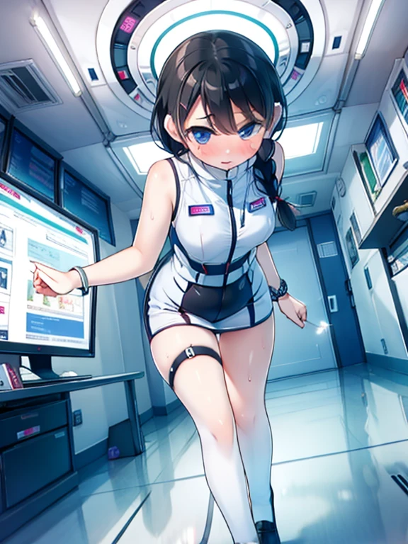 (Highest quality), (masterpiece), 1080P, High resolution, 4K, 8k, Inside the space station、Futuristic room、Thigh straps, Shooting from directly below, The woman on top of me, Nipples, 白いSweat, Covered , Sweat, Woman looking down, Skirt swimsuit, Thigh-high socks, To achieve this, ************, , whole body, Black leather shoes, Braided hair, Inner Color, Embarrassed face, Short black hair, bracelet, Bedroom,celestial body_Vest
