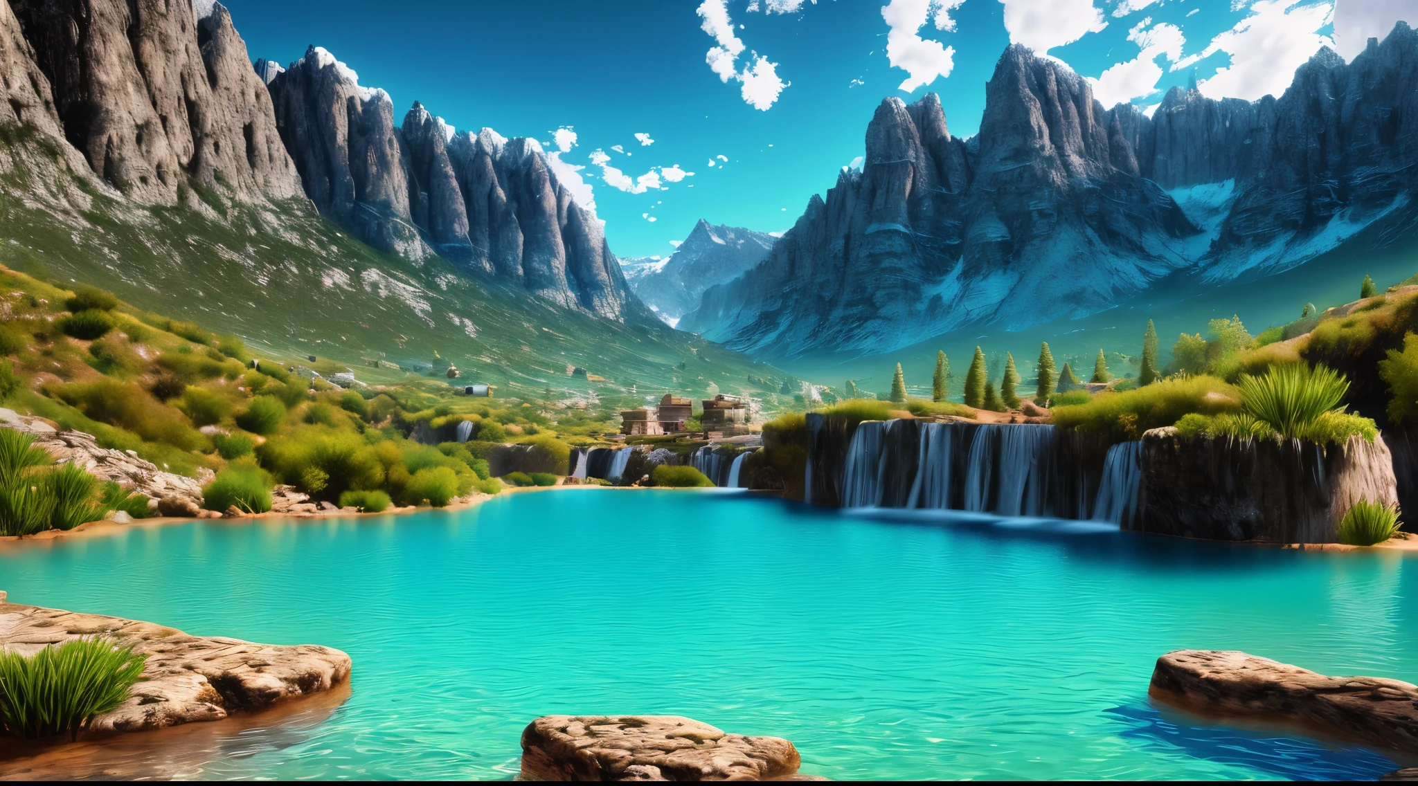 paisaje,water,moutain (Extremely detailed CG 8k unity wallpaper), most beautiful paisaje in the world,Very beauthful,intrikate, high détail, sharp focus, Dramatic