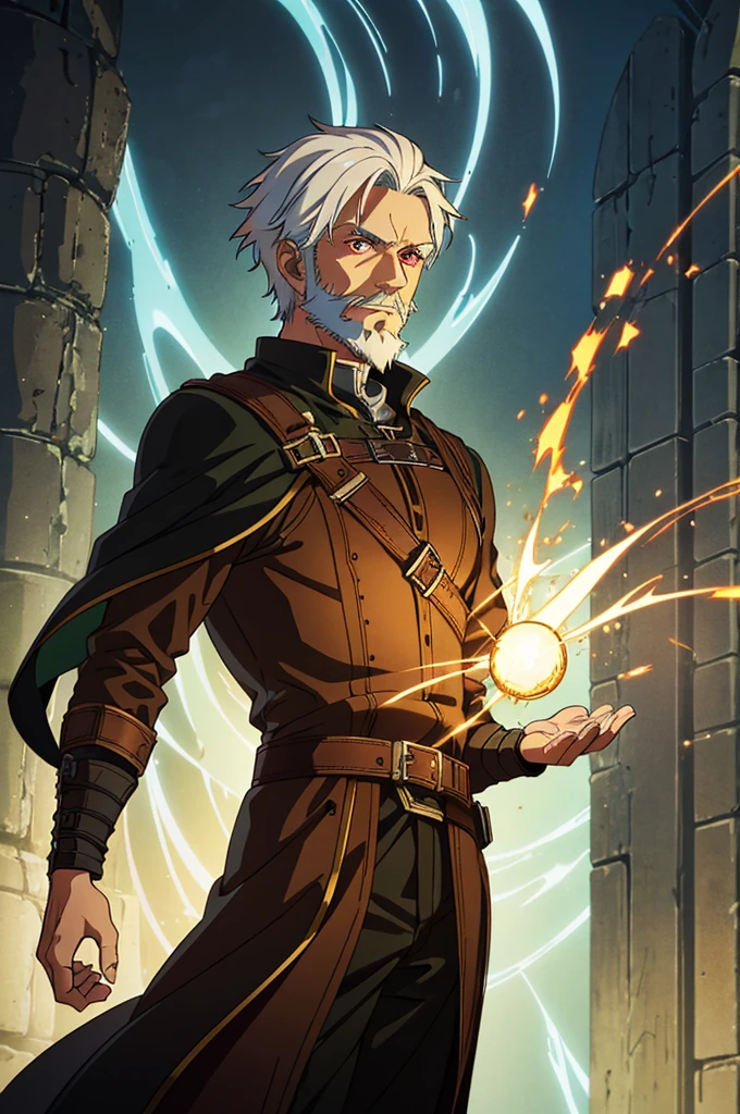 male, cut hair, red eyes, short hair, white hair with beard, wizard, leather strap suit, 25 years old, old adult, dark brown clothes, no_cape, medieval background, athletic body, wide eyed, surprise expression, dark skin, green Fire spells in the background