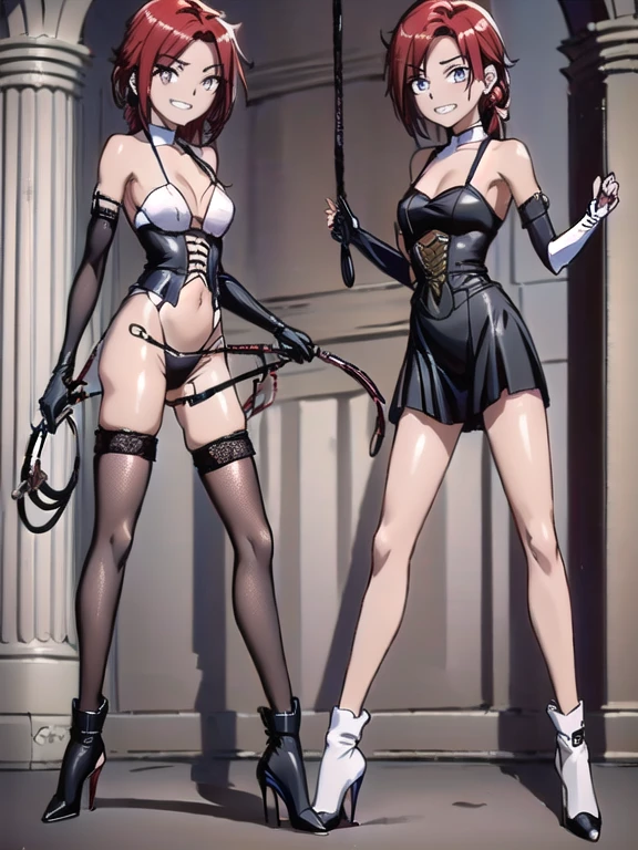 (Highest quality)), ((masterpiece)), (detailed), prison, akanechan, 独奏, looking at viewer, ((evil grin)), femdom, dominatrix, ((bare shoulders)), ((black bustier)), ((black stockings)), ((black g-string)), ((black high heels)), ((black garter belt)), ((black elbow gloves)), ((female standing)), stare at viewer with stern eyes, foreshortening, ((whip)),