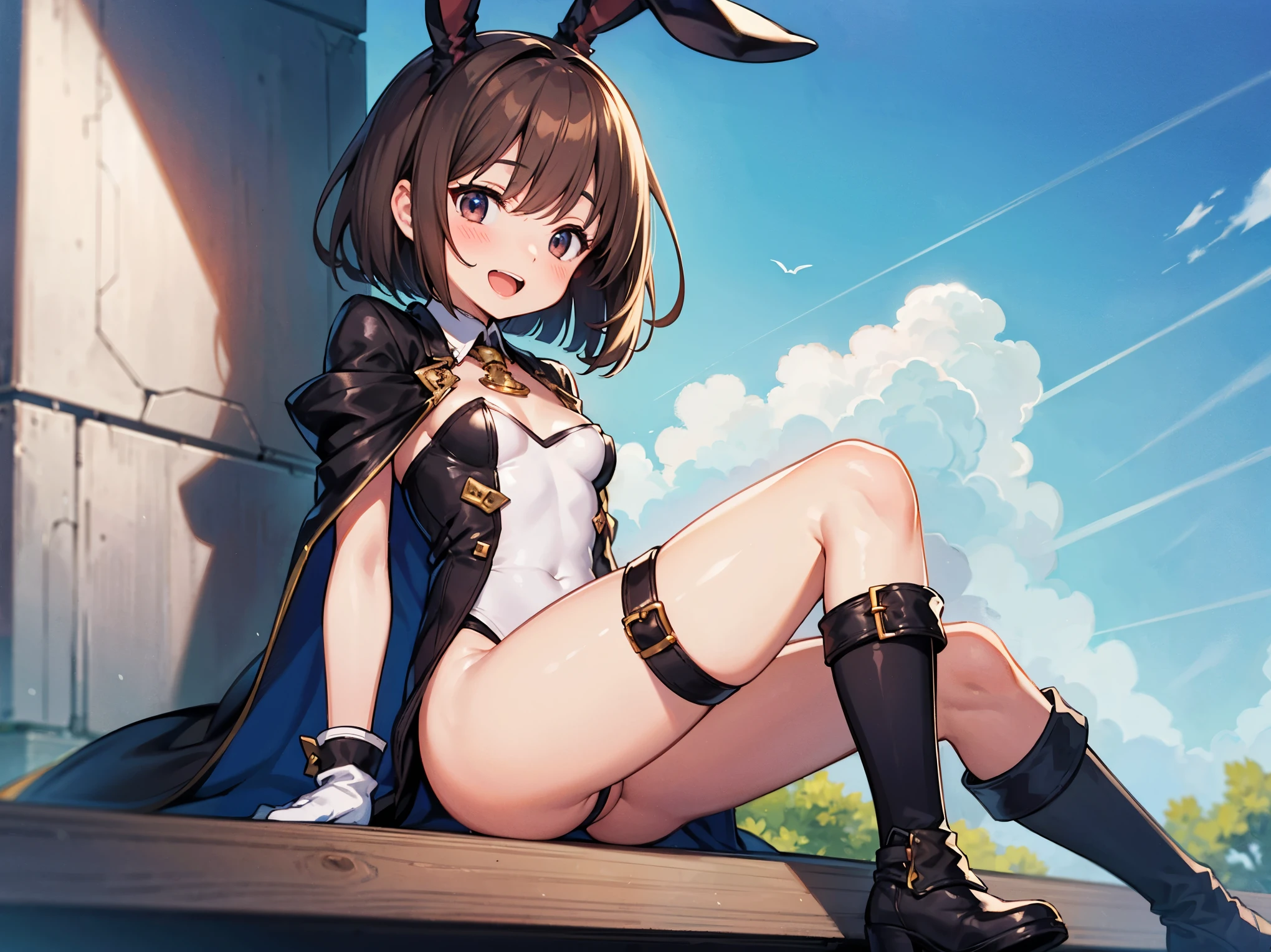 GRANBLUEfantasy,ung_teeirl,brown_hair,medium_bob_hair,platina_blond_hair,white_leotard,covered_crotch,thigh-highs,smile,standing,bluesky_landscape_background,slightly_spread_legs,happiness, short_gloves ,solo, r18, navel,relicbuster,short,boots,open_mouth,sitting,knees,blush,shy,bunny_ears