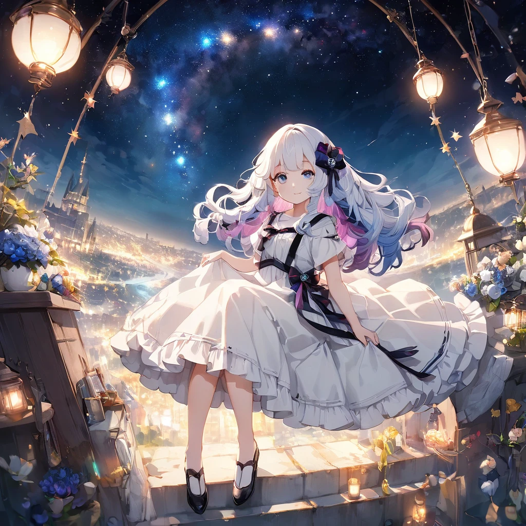 Shortcuts、Soft and fluffy、ephemeral、Starry Sky、Night view、whole body、Beautiful Hair、White skin、girl、universe