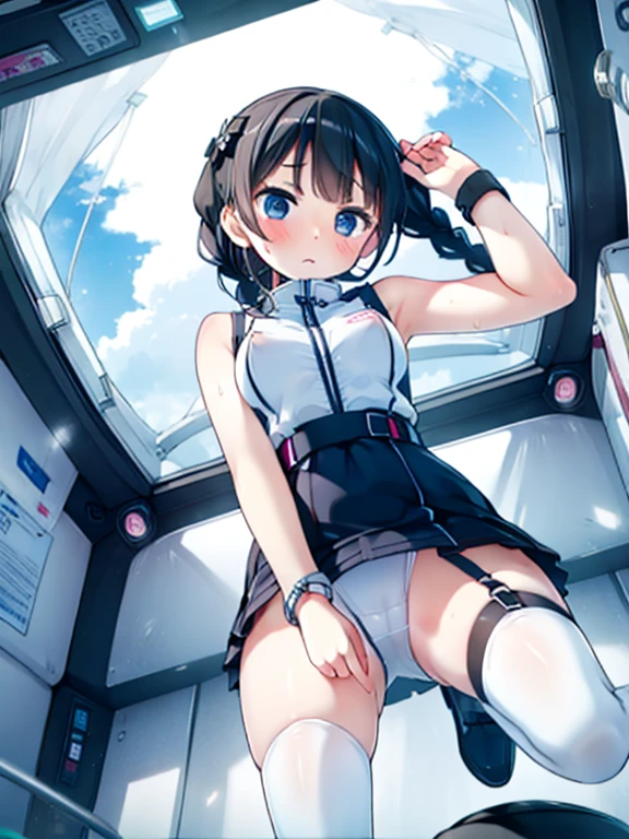 (Highest quality), (masterpiece), 1080P, High resolution, 4K, 8k, Inside the space station、Futuristic room、Thigh straps, Shooting from directly below, The woman on top of me, Nipples, 白いSweat, Covered , Sweat, Woman looking down, Skirt swimsuit, Thigh-high socks, To achieve this, , , whole body, Black leather shoes, Braided hair, Inner Color, Embarrassed face, Short black hair, bracelet, Bedroom,celestial body_Vest
