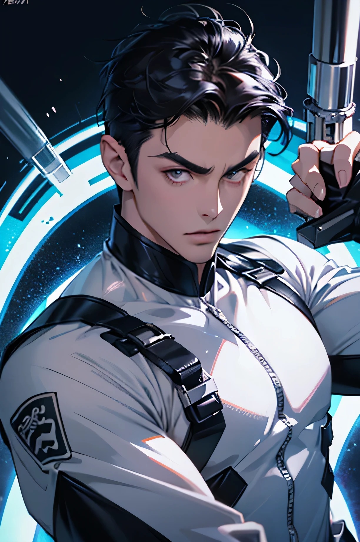 Face close-up Handsome Japanese male handsome model Black Hair Short cut G-I-A-CUT looking at the camera Shiny full-body silver suit Shiny silver latex suit Fierce face
Face close-up Handsome future Metal body, stern gaze