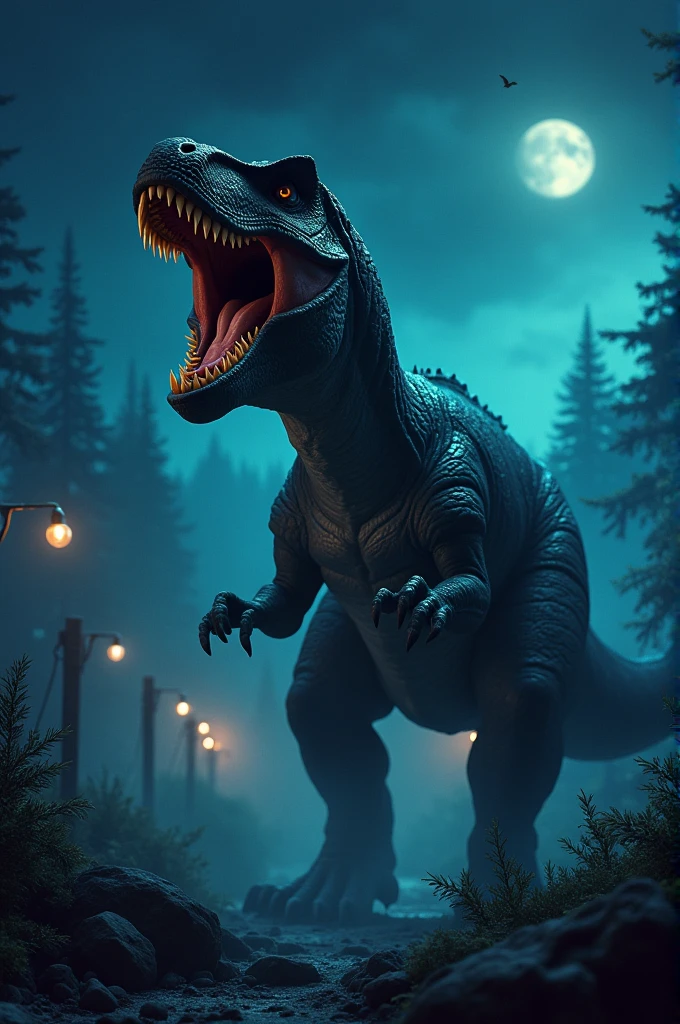 An epic dinossaur roaring at night