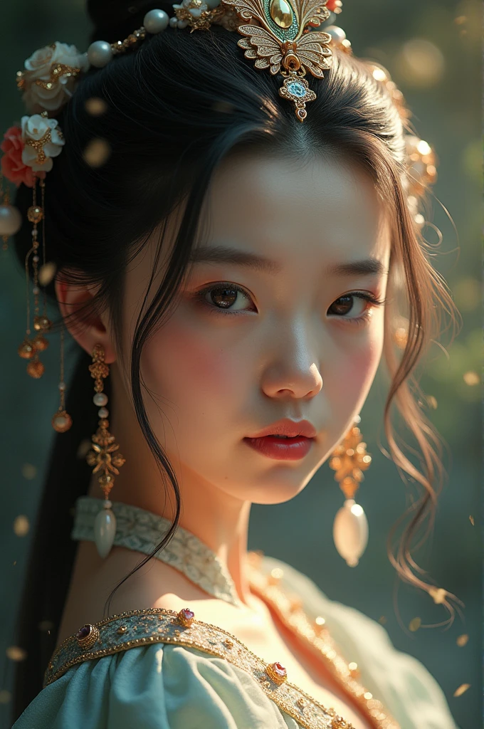{Haute qualité}, Rendu d&#39;octane, Ultra HD, profondeur de champ, épique, film, La Chine ancienne, 1 fille, visage mignon, Solitaire, poisson volant,