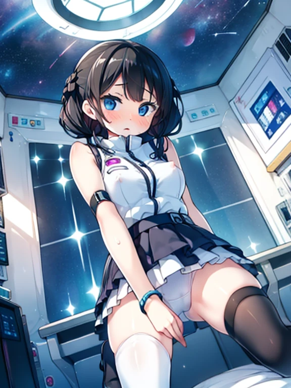 (Highest quality), (masterpiece), 1080P, High resolution, 4K, 8k, Inside the space station、Futuristic room、Thigh straps, Shooting from directly below, The woman on top of me, Nipples, 白いSweat, Covered , Sweat, Woman looking down, Skirt swimsuit, Thigh-high socks, To achieve this, , , whole body, Black leather shoes, Braided hair, Inner Color, Embarrassed face, Short black hair, bracelet, Bedroom,celestial body_Vest