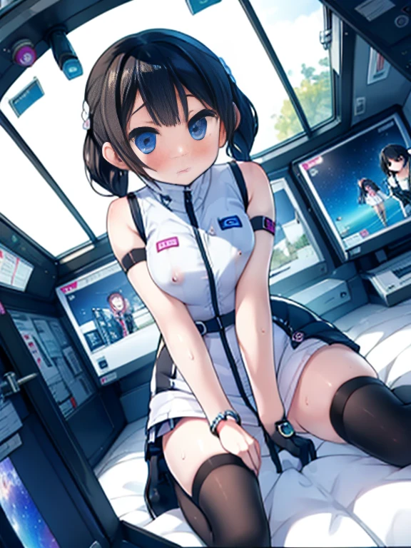 (Highest quality), (masterpiece), 1080P, High resolution, 4K, 8k, Inside the space station、Futuristic room、Thigh straps, Shooting from directly below, The woman on top of me, Nipples, 白いSweat, Covered , Sweat, Woman looking down, Skirt swimsuit, Thigh-high socks, To achieve this, , , whole body, Black leather shoes, Braided hair, Inner Color, Embarrassed face, Short black hair, bracelet, Bedroom,celestial body_Vest