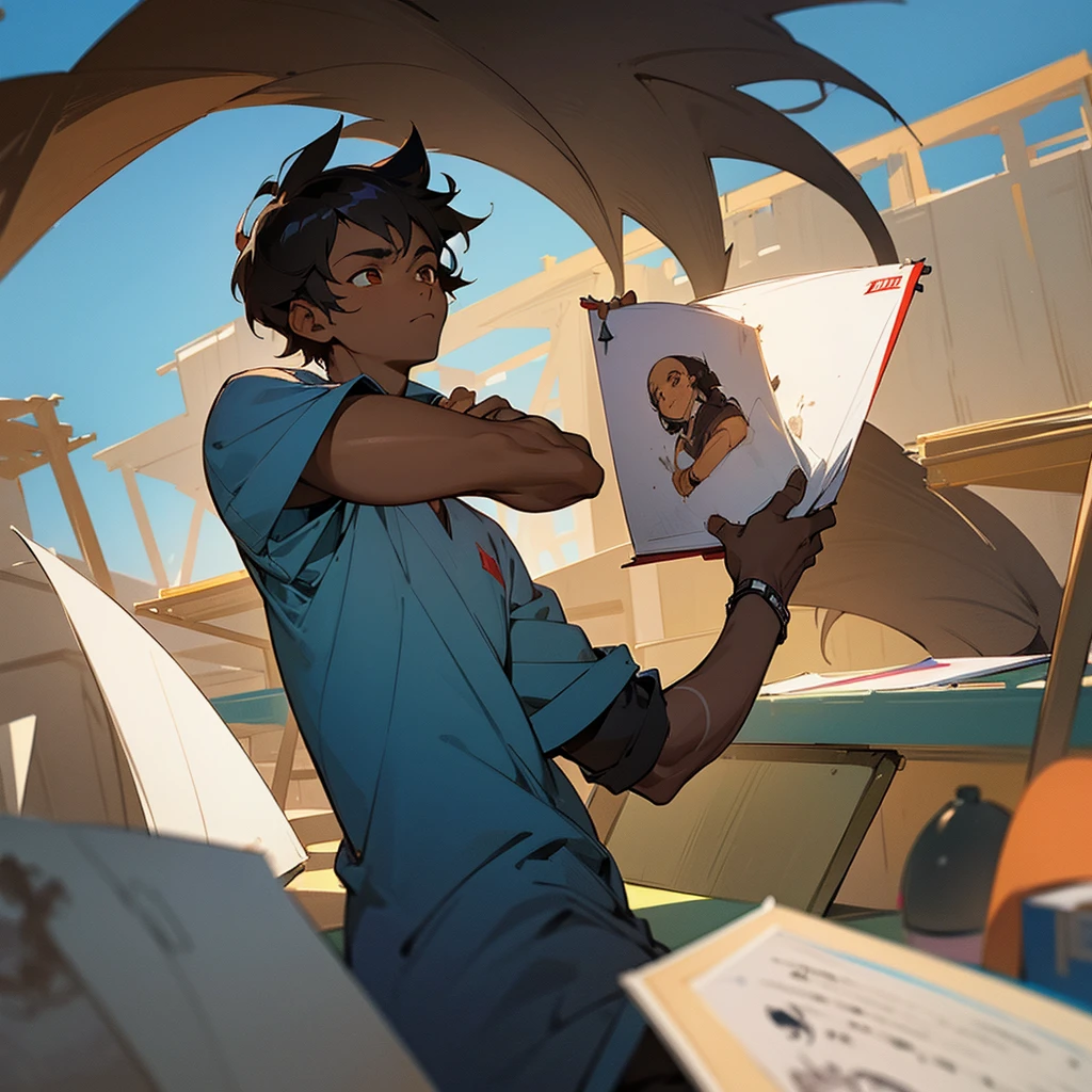 A dark skin boy ..he love sports and quite places . He got balck hair ..he got brown eyes he loves drawing . In a studying pose