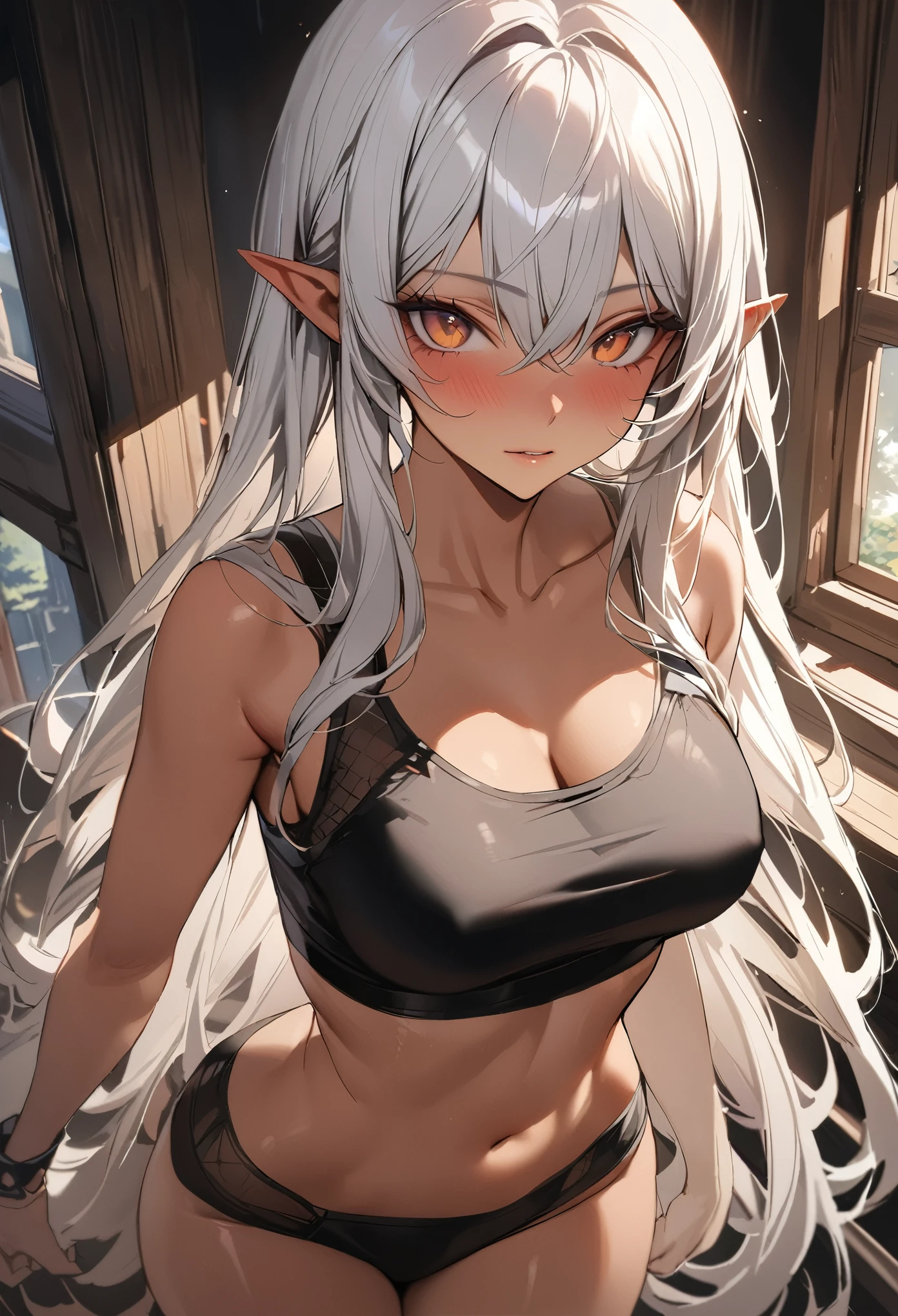 ((masterpiece,best quality anime,Highest quality:1.3)),realistic,cowboy shot,(Mature Beauty),1 Dark Elf woman、独奏,((very small head:1.4)),ideal ratio body proportions,(tan skin,elf ear),Silver Hair,bangs,straight long hair,gorgeous big eyes,brown eyes,Sharp Eyes,(Assassin Outfit、Black tube top shirt,Black micro shorts、black_thighhighs、Holding a big knife,Black cloak,Black Leather Boots),((slender body,skinny,toned body)),medium breasts,naked,gleaming skin,shiny skin,Crouching posture,On a thick branch、Large tree、forest、Many trees、at night、moonlight、Fantasy World、