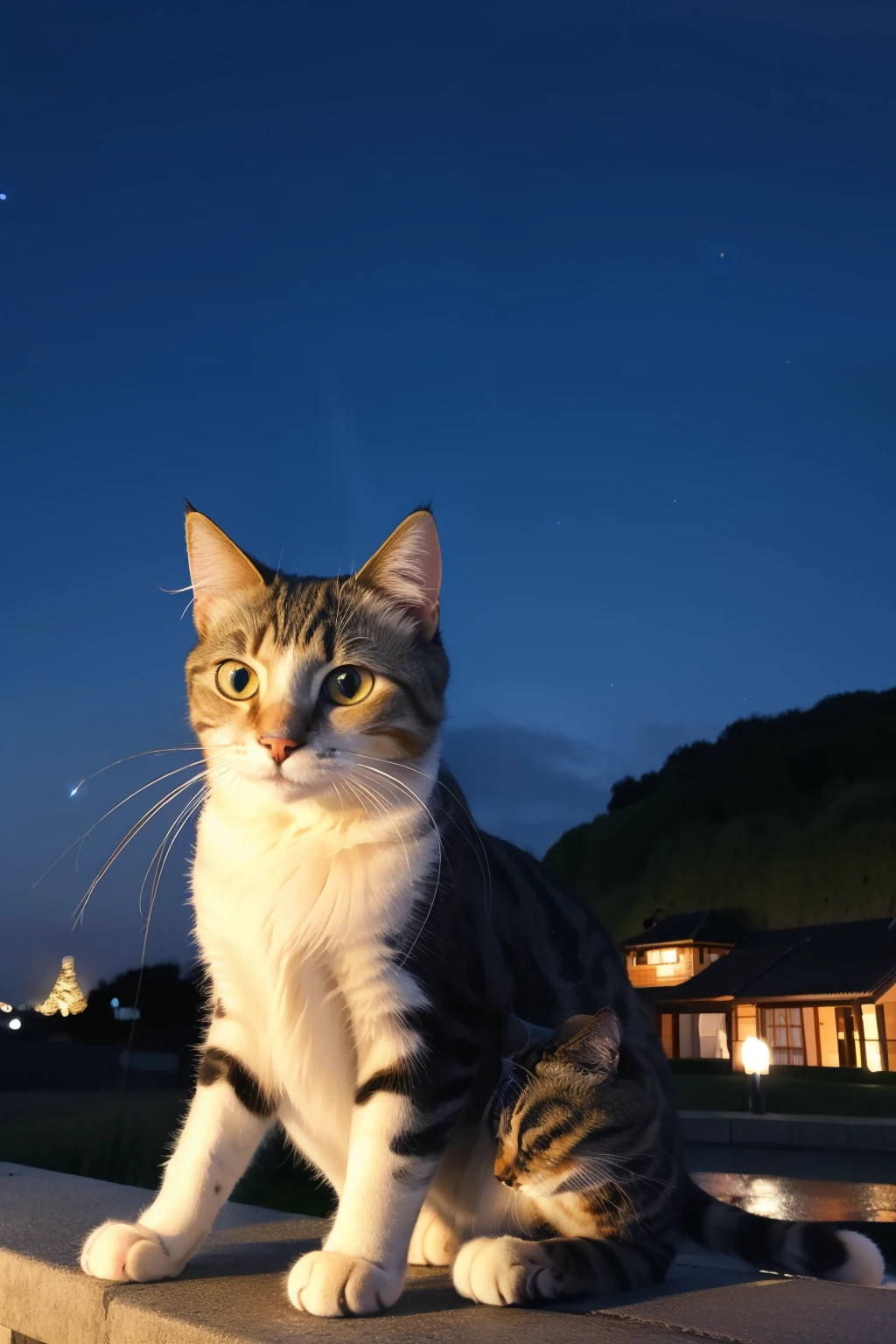 Cat and night view from the roof、Beautiful starry sky
