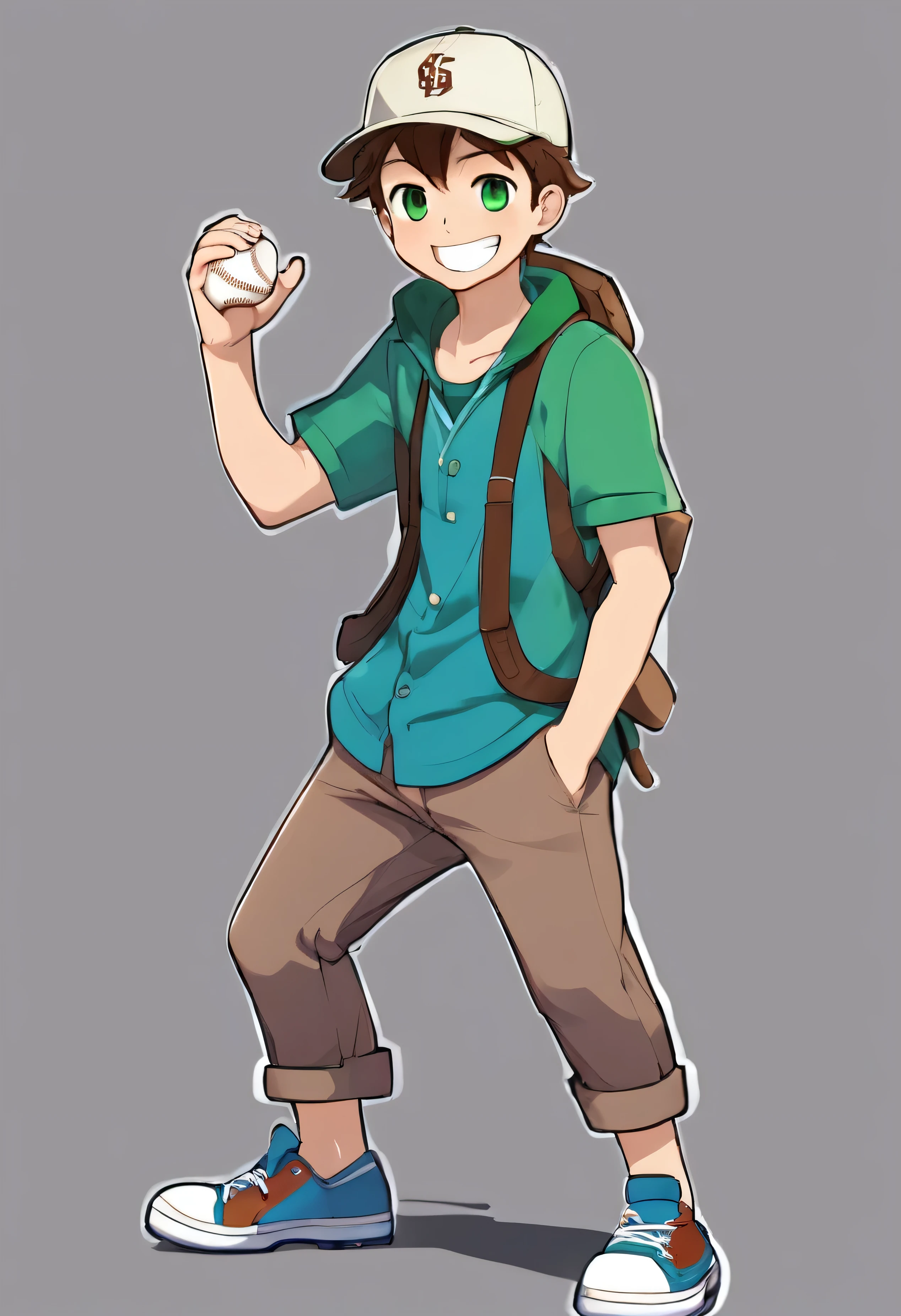 European and American cartoons, 游戏人物, original drawings, 1 young boy, mascle focus, ha, chemise, chestnut hair, ssmile, shoe, whole body, bracelet, gaping mouth, green chemise, pants, looking ahead at viewer, standing, blue colored eyes, Gradient background, fundo cinza, , tennis, Gradient, t-chemise, mascle , boné de baseball, manga curta, simple background, fatter, teeths, realisitic, 