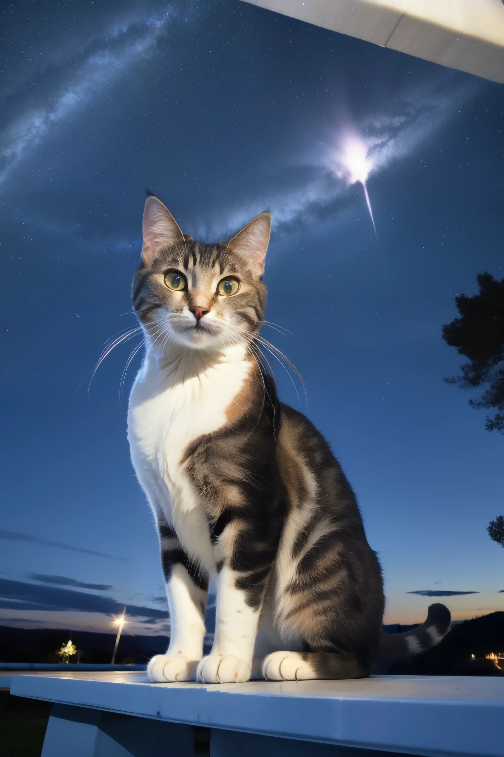 Cat and night view from the roof、Beautiful starry sky