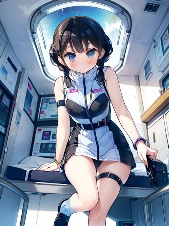 (Highest quality), (masterpiece), 1080P, High resolution, 4K, 8k, Inside the space station、Futuristic room、Thigh straps, Shooting from directly below, The woman on top of me, Nipples, 白いSweat, Covered , Sweat, Woman looking down, Skirt swimsuit, Thigh-high socks, To achieve this, , , whole body, Black leather shoes, Braided hair, Inner Color, Embarrassed face, Short black hair, bracelet, Bedroom,celestial body_Vest