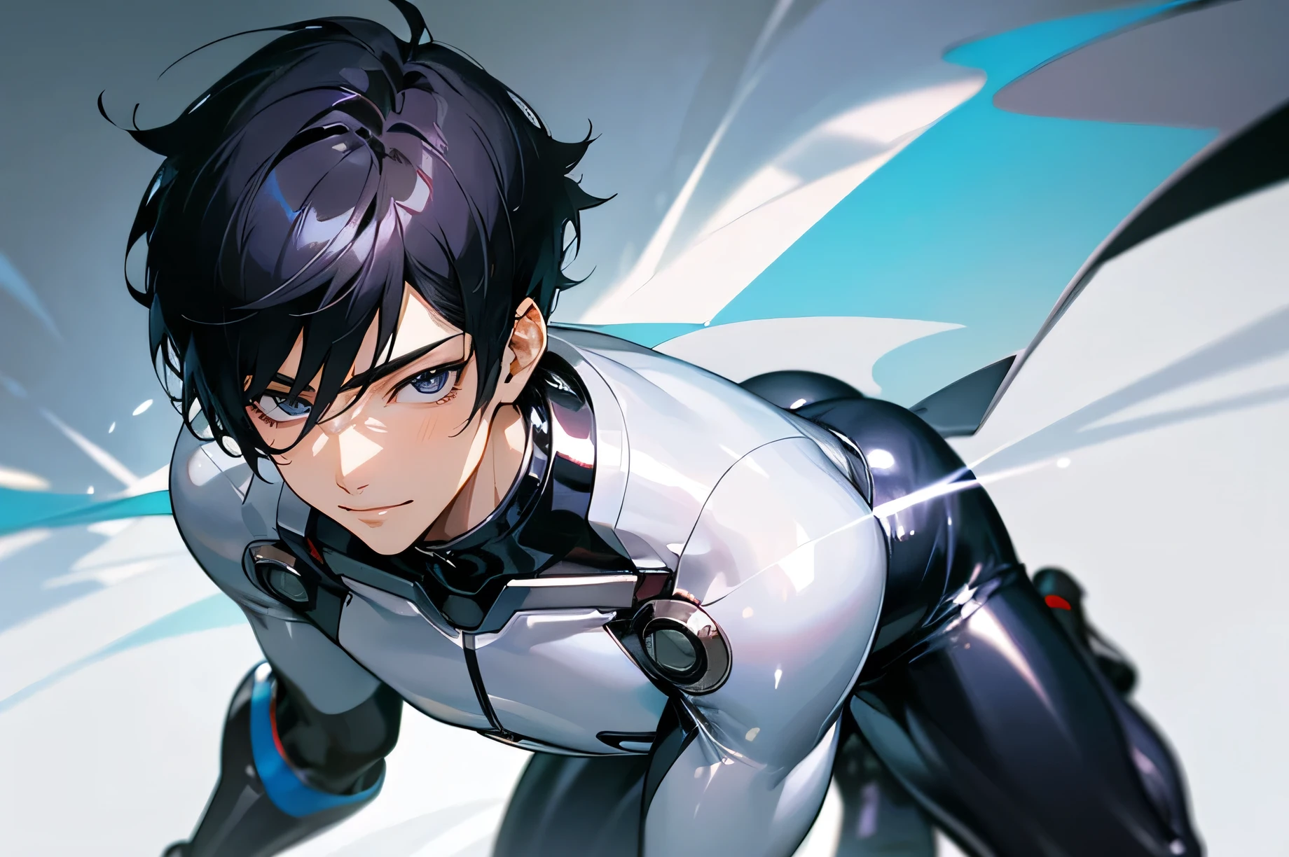 Japanese male handsome model Black Hair Short cut G-I-A-CUT looking at the camera Shiny full-body silver suit Shiny silver latex suit Fierce face Handsome future Metal Body dynamic pose Bright smile Face close-up