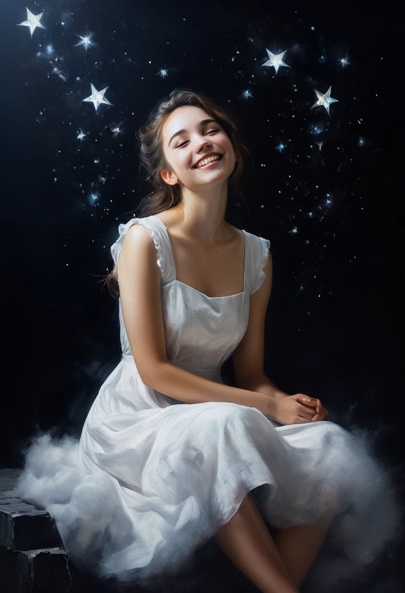 painting of a cheerful girl in a white simple dress, frivolously sits on a white cloud, stars, dreamily, dark atmosphere, cinematic scene, volumetric lights, ultra realistic, in the style of nicola samori