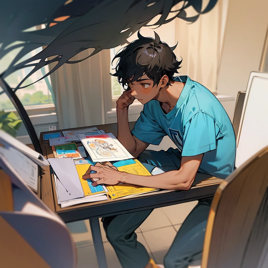 A dark skin boy ..he love sports and quite places . He got balck hair ..he got brown eyes he loves drawing . In a studying pose