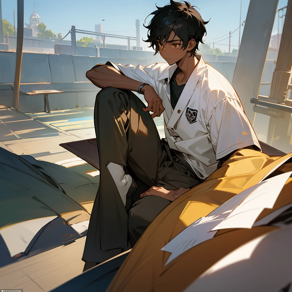A dark skin boy ..he love sports and quite places . He got balck hair ..he got brown eyes he loves drawing . In a studying pose 