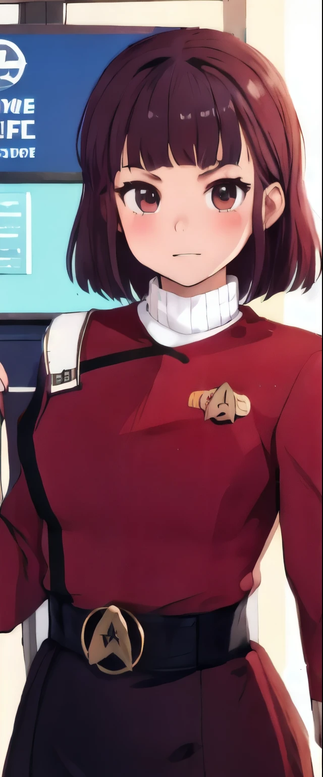 aniem girl at station in red twokunf uniform