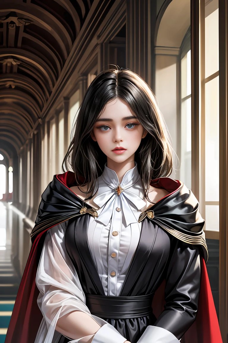 masterpiece, 最high quality, high quality, 1 girl, alone, Female focus, Watching the audience, Messy black hair, Adorable big blue eyes, White people, Noble, Noble,Sexy voluminous cape、Tuxedo、A very voluminous, large, very large, very large, long, long red and black cape with a high stand-up collar, made of a lot of fabric that reaches down to the floor., 23 years old,Cute beautiful girls,Cute, cute, kind, pretty girl