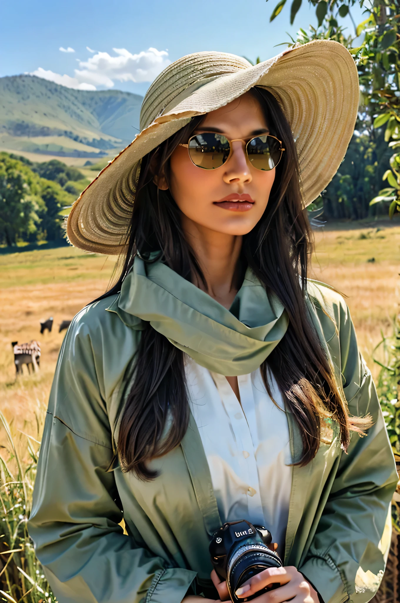 A woman with long, wavy hair wearing a wide-brimmed hat and stylish sunglasses is capturing a photograph in a lush, green landscape. She is dressed in a light olive green jacket over a white scarf, holding a camera with a focused expression. In the background, several giraffes are gracefully grazing among the tall grass and shrubs, framed by rolling hills under a bright blue sky. The scene exudes a sense of adventure and connection with nature, emphasizing the beauty of wildlife photography.