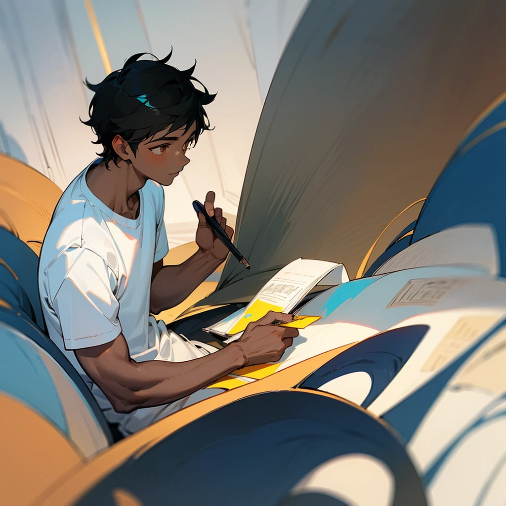 A dark skin boy ..he love sports and quite places . He got balck hair ..he got brown eyes he loves drawing . In a studying pose