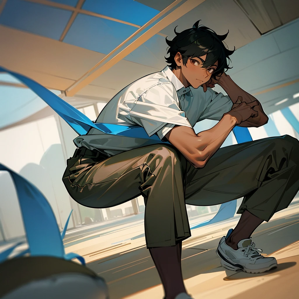 A dark skin boy ..he love sports and quite places . He got balck hair ..he got brown eyes he loves drawing . In a studying pose 