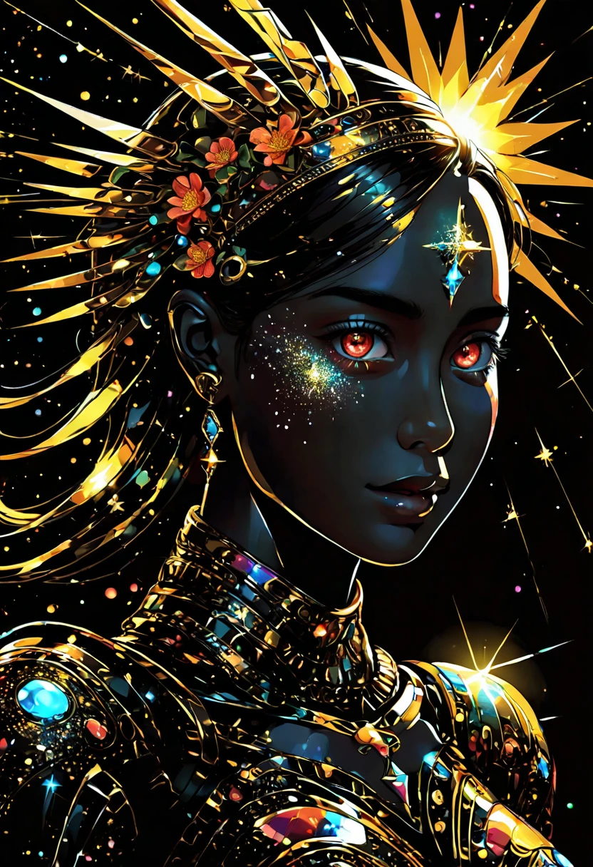 PORTRAIT, only face portrait, macro, a LATINO battle angel portrait holding a cross , beautiful black skin with sparkles and glitter, long golden hair with red and blure flowers on hair, shiny and lightening eyes, cosmos eyes, holding a cross, highly detailed skin (vectorized) , detailed skin, anime style< image is compelling with dynamic composition and energetic posing. Include many fantasy details such as bumps, phantasmal iridescence, glitter, galaxy, cosmos, ((dark celestialskin body, void cosmic body)), (((dark background))), (((lights off))), (((hollywood dark))), horror, dramatic shadows, (in a dark fantasy space:1.3, glitter, sparkle, gleam) vector digital illustration, (black background:1.5)sharp
