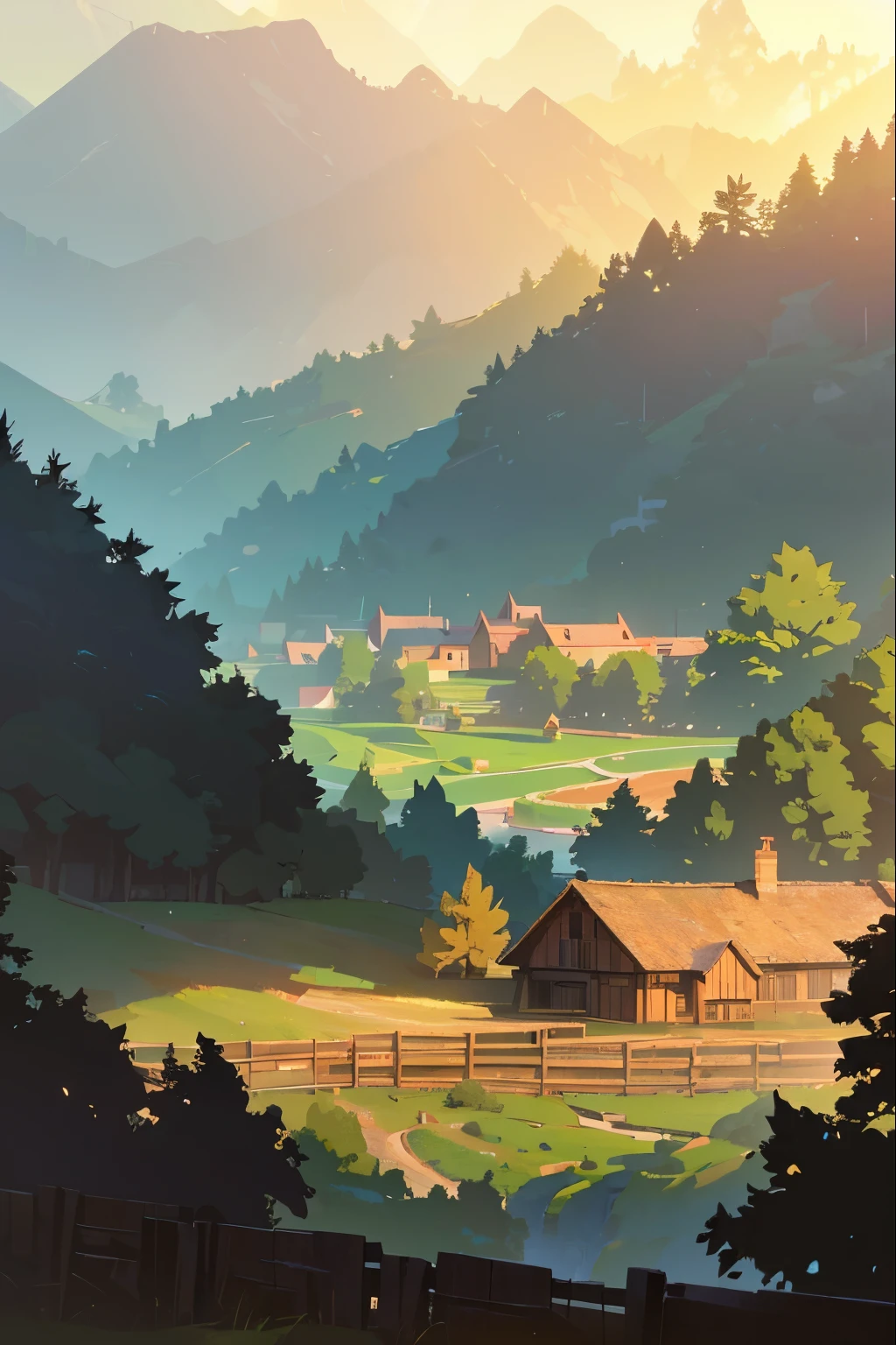 a village among green mountains, idyllic peaceful countryside landscape, rolling hills, lush vegetation, wooden cottages, stone bridges, winding rivers, foggy atmosphere, warm lighting, golden hour, cinematic composition, highly detailed, photorealistic, 8k, hyper-realistic, dramatic lighting, vibrant colors, masterpiece