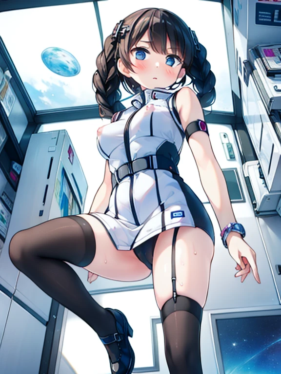 (Highest quality), (masterpiece), 1080P, High resolution, 4K, 8k, Inside the space station、Futuristic room、Thigh straps, Shooting from directly below, The woman on top of me, Nipples, 白いSweat, Covered , Sweat, Woman looking down, Skirt swimsuit, Thigh-high socks, To achieve this, ************, , whole body, Black leather shoes, Braided hair, Inner Color, Embarrassed face, Short black hair, bracelet, Bedroom,celestial body_Vest
