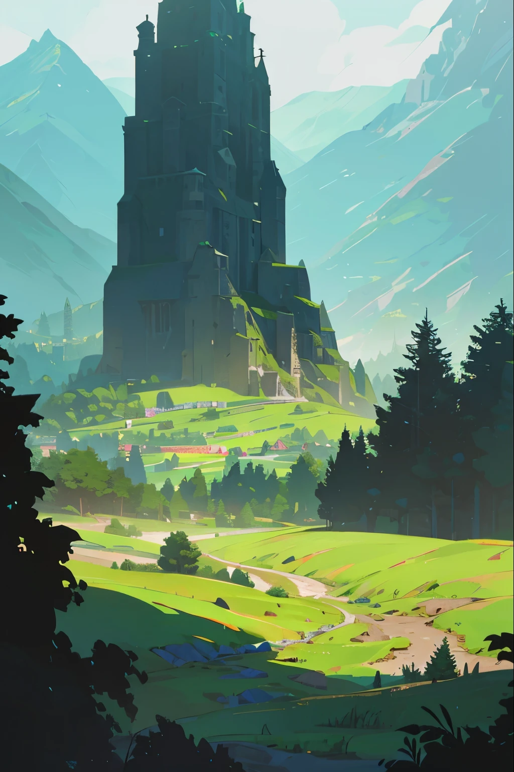 detailed fantasy village in green field among mountains, highly detailed environment, fantasy art, vibrant colors, dramatic lighting, lush foliage, winding paths, medieval architecture, towering peaks, cinematic composition, ethereal atmosphere, photorealistic, 8k, masterpiece