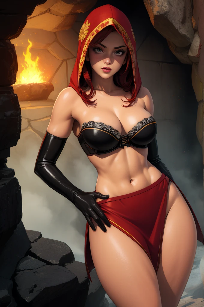 Dsorceress, redhair, shadowy face,dark cave, fire, hood, shadowed cute face, mini skimpy strapless bra, slim and athletic body, skinny thighs, skimpy slit miniskirt, no underwear, no panty, elbow gloves, dark skin, 1 girl (insanely detailed, masterpiece, best quality)