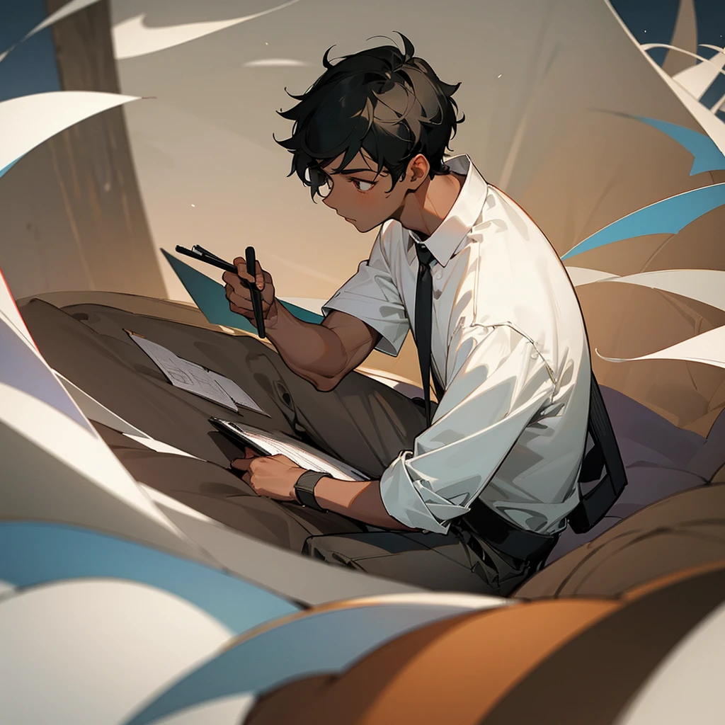 A dark skin boy ..he love sports and quite places . He got balck hair ..he got brown eyes he loves drawing . In a studying pose 