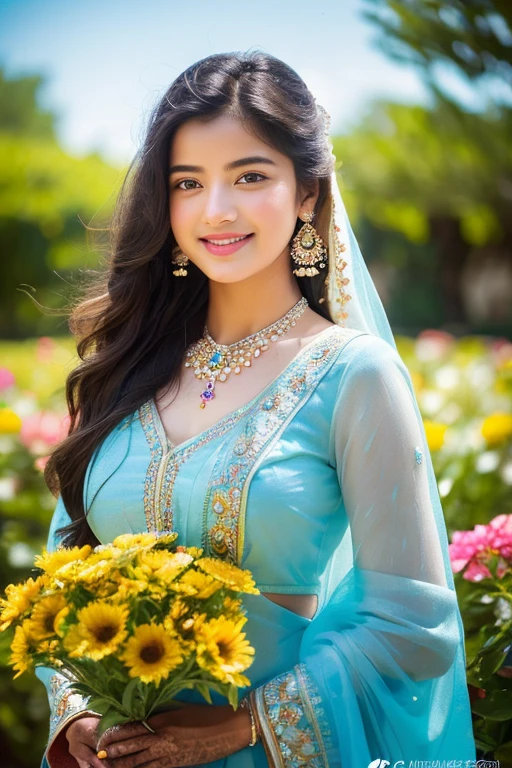 (majestic:1.5), (hyperrealistic:1.5), ultra detailed, ultra resolution, RAW, 16k, 32k, Soft focus captures the stunning Indian girl, 18 years old, with long hair and a radiant smile, surrounded by lush flowers in a picturesque garden. She wears a flowing intricately designed wedding dress, holding a delicate bouquet against a crystal-clear blue sky without a cloud. The cinematic lighting accentuates her features, highlighting the vibrant colors of her attire and the intricate details of her facial expression. The cowboy shot framing emphasizes her beauty, with perfect light illuminating every aspect of this breathtaking scene.,rashmika,1 girl