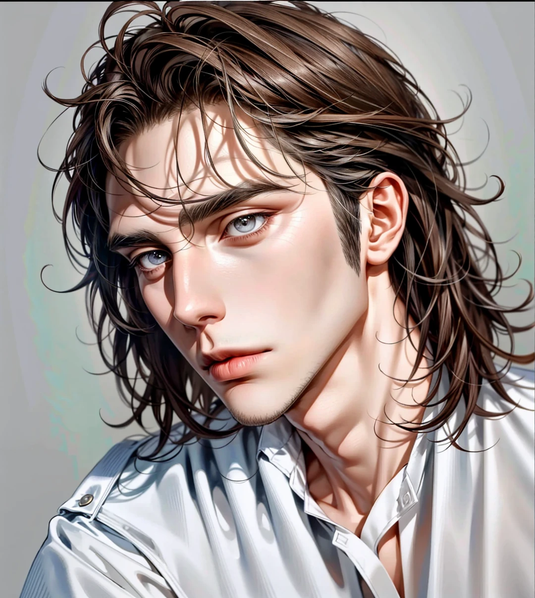 high quality, 8k, Ultra detailed, hdr, studio light, Masterpiece, Portrait of a standing man, Handsome face, Focus on your audience, young boy, head to feet, light-brown hair, azure big beautiful grey eyes, closed mouth, messy hair, dynamic pose realistic, detailed and correct facial structure