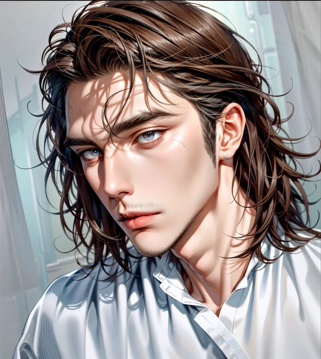 high quality, 8k, Ultra detailed, hdr, studio light, Masterpiece, Portrait of a standing man, Handsome face, Focus on your audience, young boy, head to feet, light-brown hair, azure big beautiful grey eyes, closed mouth, messy hair, dynamic pose realistic, detailed and correct facial structure