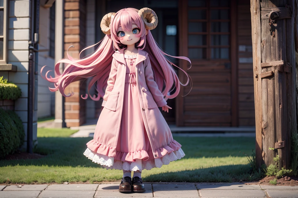 masterpiece, Highest quality, 8k, high details, Vivid, young woman, smile, cute, Directed at an angle, Open your mouth, Fluffy hair, Long Hair, Hair like sheep's hair, Pink Hair, eyebrow, 太いeyebrow, Pink dress, Long skirt, Light blue cardigan, Brown shoes, Sheep