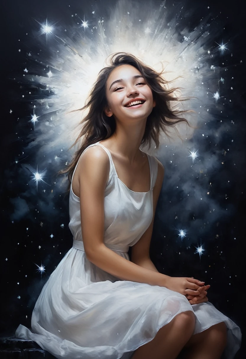 painting of a cheerful girl in a white simple dress, frivolously sits on a white cloud, stars, dreamily, dark atmosphere, cinematic scene, volumetric lights, ultra realistic, in the style of nicola samori